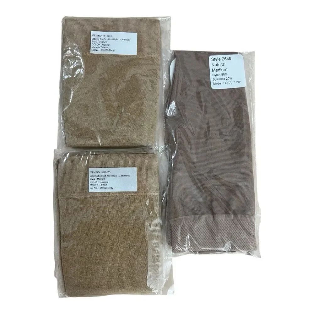 3 Pair Legging Comfort Knee High & Sheer Knee Highs Hosiery Natural Color Size M